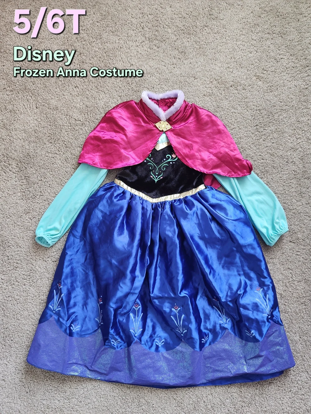 Disney Frozen Anna Kids Halloween Costume w/ Attached Cape - 5T / 6T